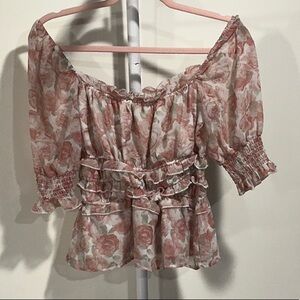 Miami Rose Print Peplum Blouse - Pink and White